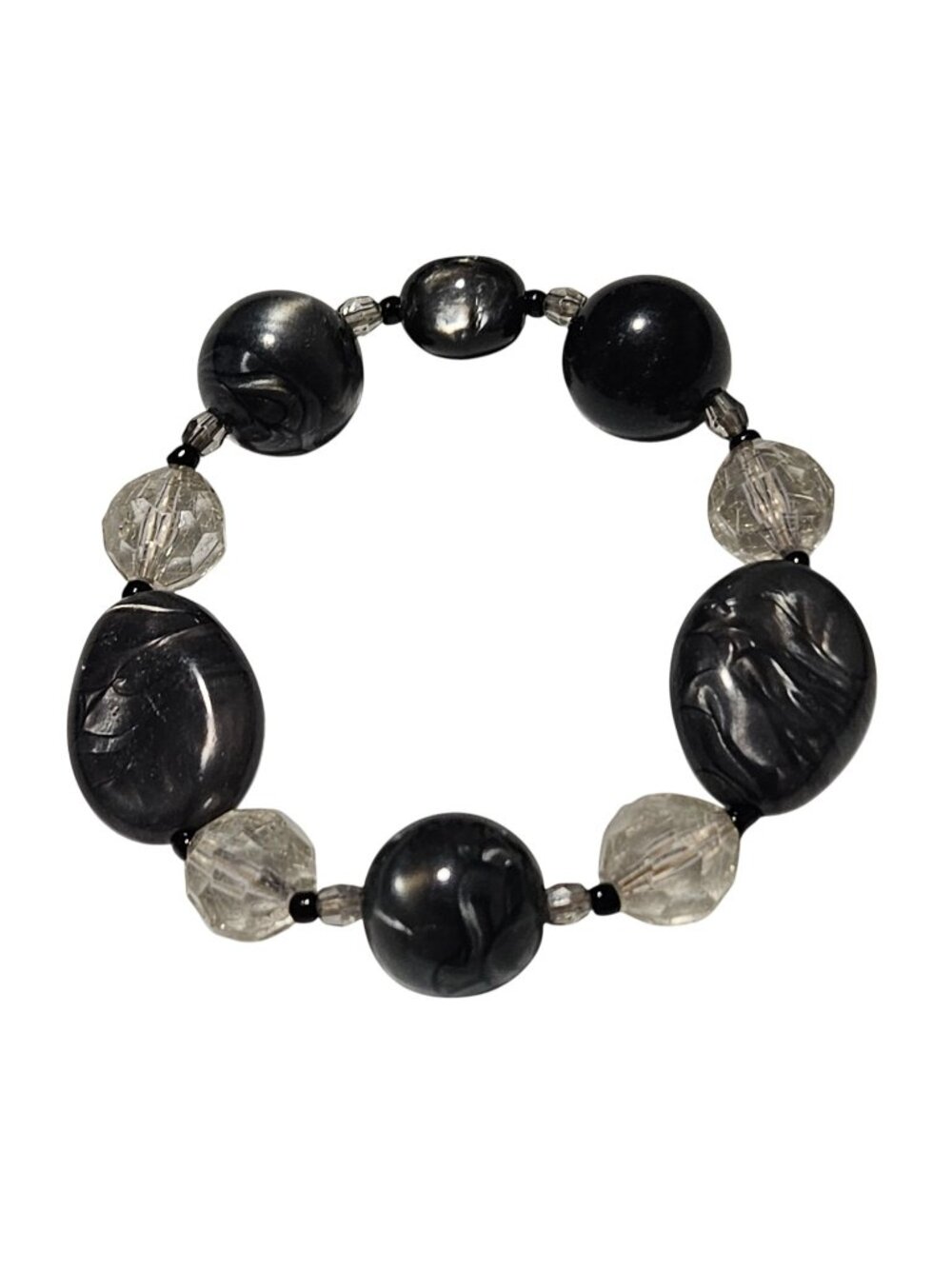 Boho Chic Beaded Stretch Bracelet Marbled Swirl Design Black Clear Beads Jewelry